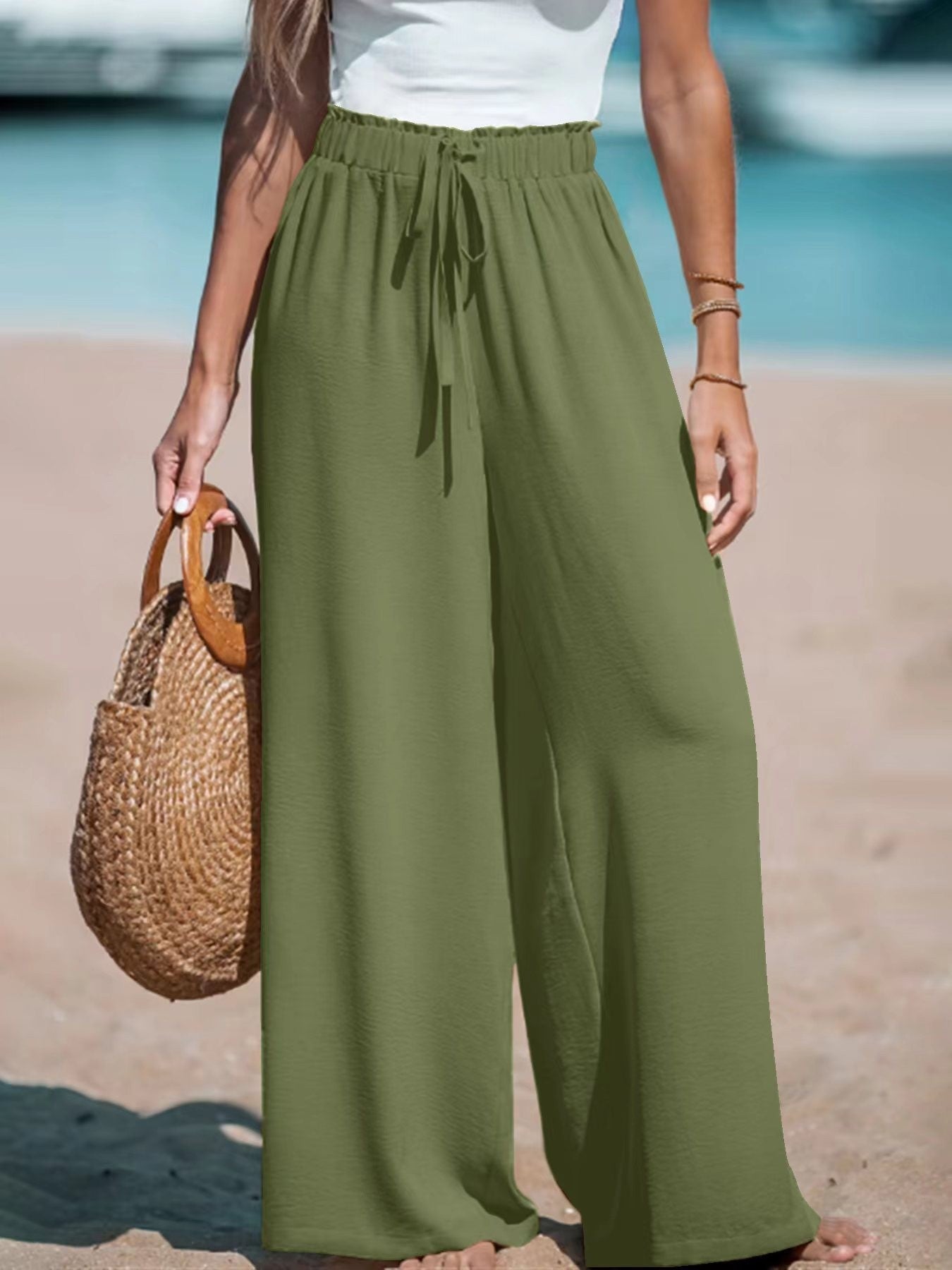 Pantalon ample décontracté à jambes larges avec faux cordon de serrage pour femme