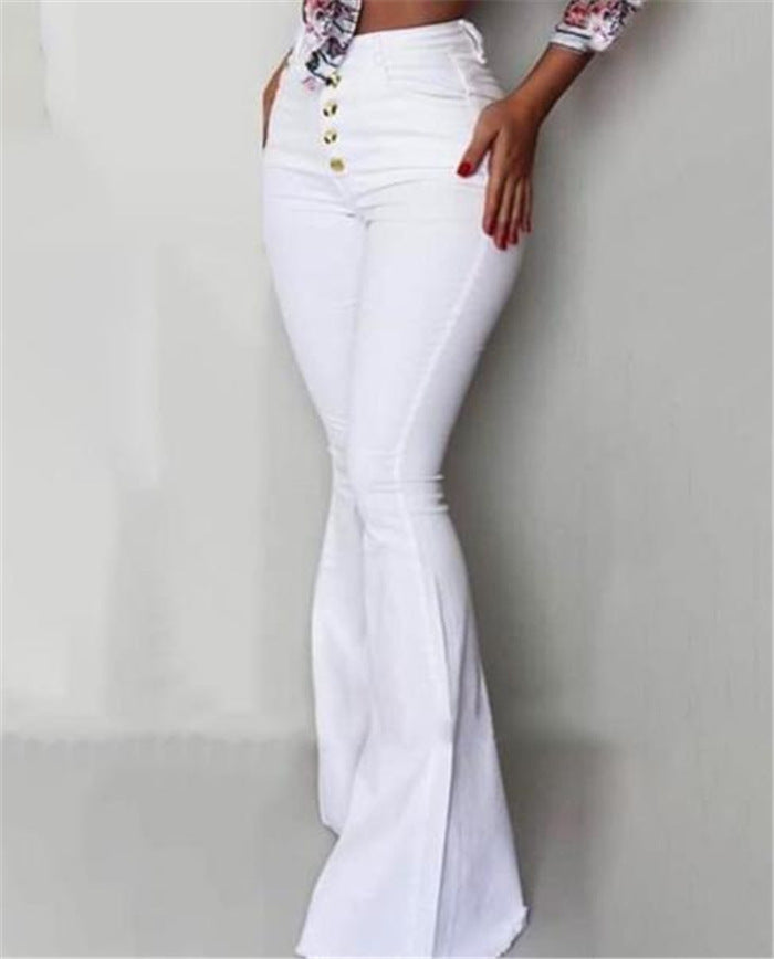 Pantalon taille haute boutonné à pattes d'éléphant pour femme, coupe slim unie, pantalon évasé blanc, élégant, vêtement de travail, été,