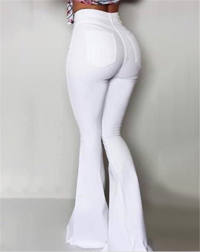 Pantalon taille haute boutonné à pattes d'éléphant pour femme, coupe slim unie, pantalon évasé blanc, élégant, vêtement de travail, été,