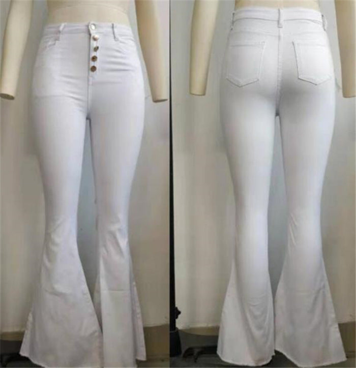 Pantalon taille haute boutonné à pattes d'éléphant pour femme, coupe slim unie, pantalon évasé blanc, élégant, vêtement de travail, été,