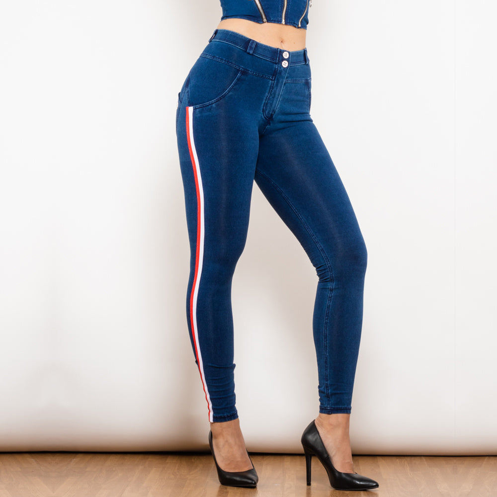 Jean crayon extensible noir Melody pour femme de Shascullfites, effet rehausseur de fesses, détails rayés, coupe slim, jegging en denim