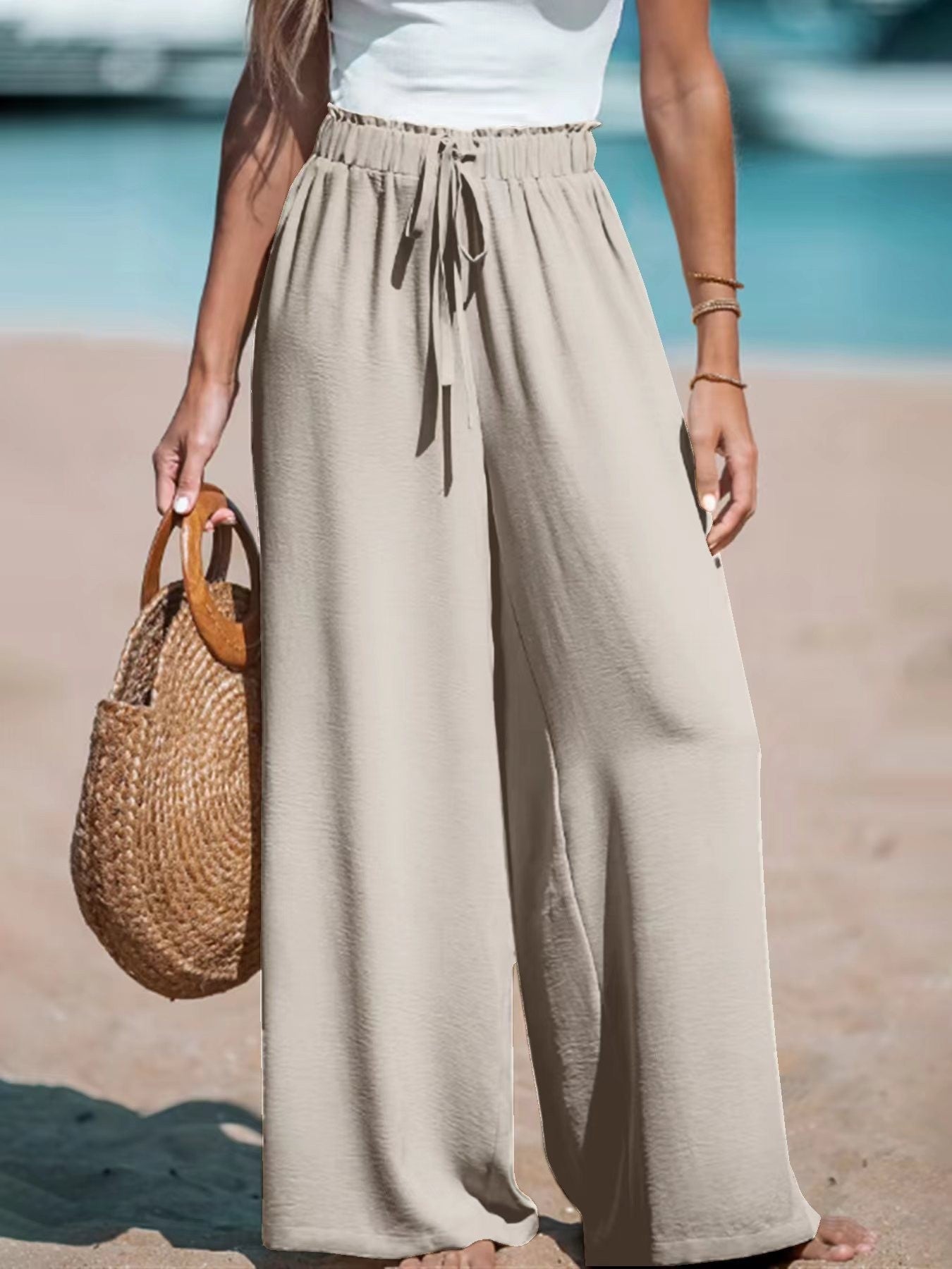 Pantalon ample décontracté à jambes larges avec faux cordon de serrage pour femme