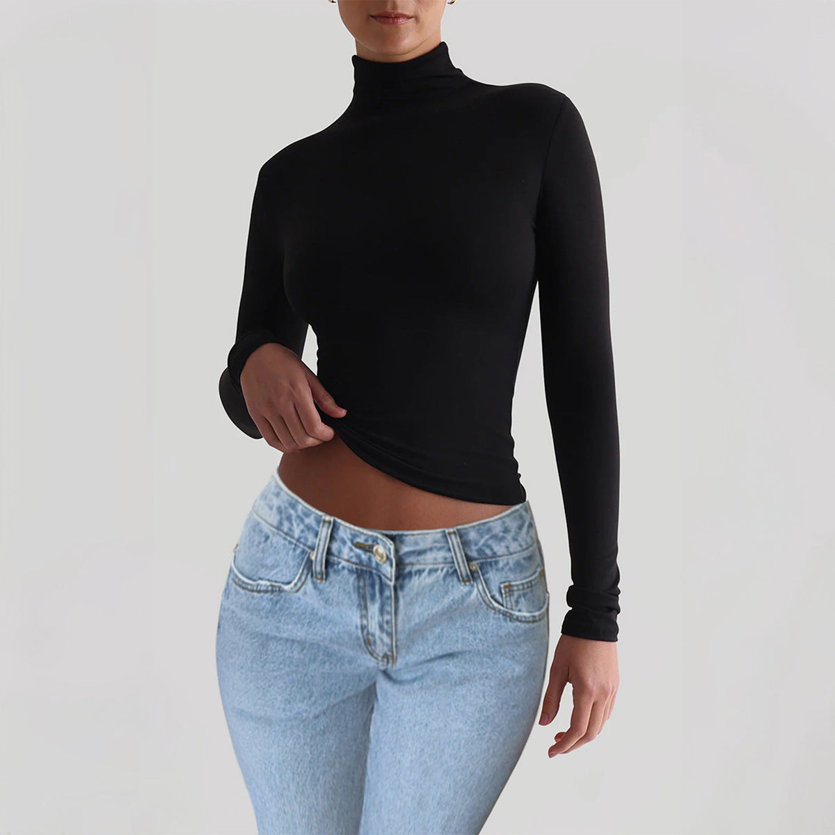 Chemise à manches longues en tricot unie ajustée pour femmes