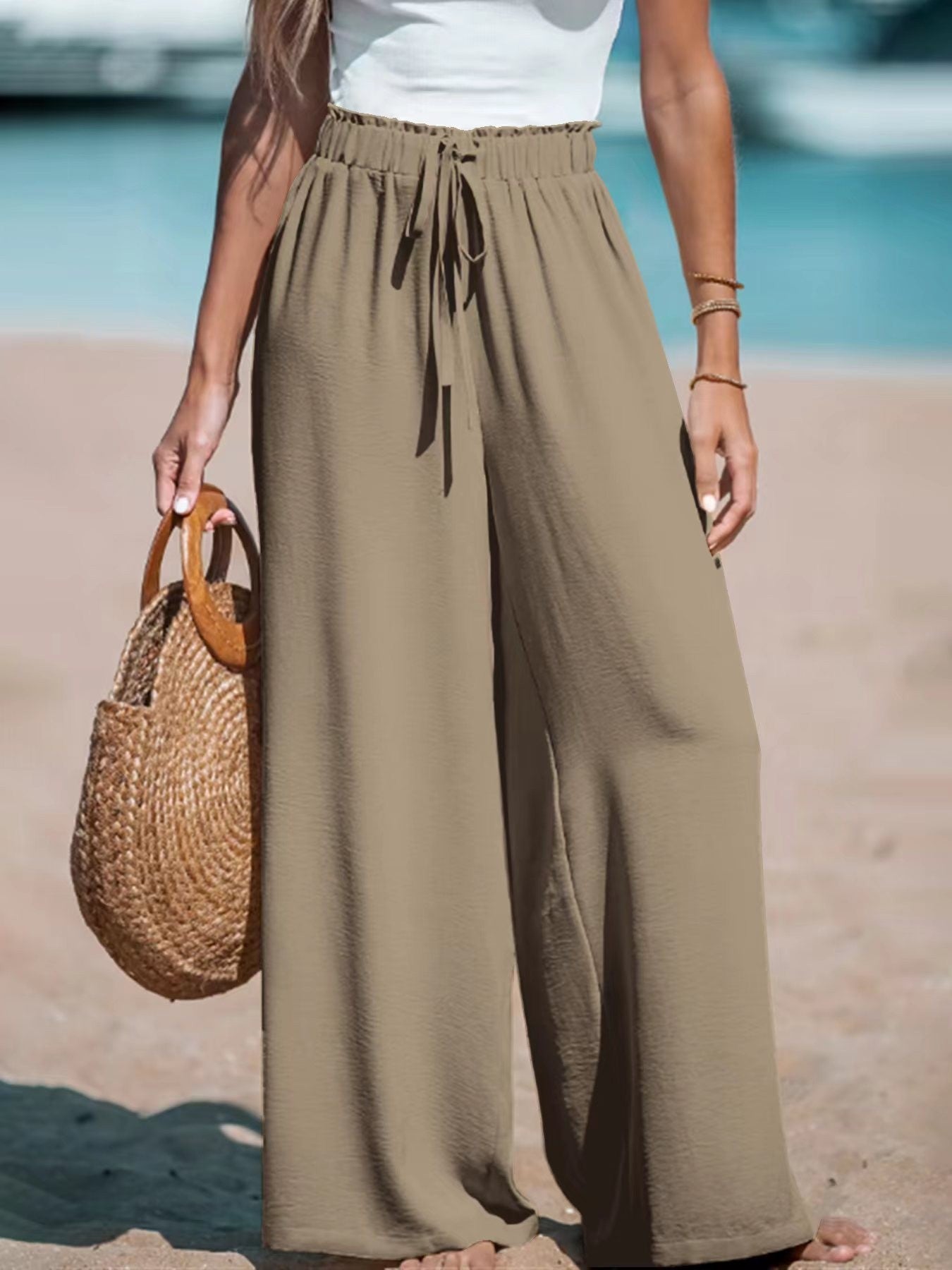 Pantalon ample décontracté à jambes larges avec faux cordon de serrage pour femme