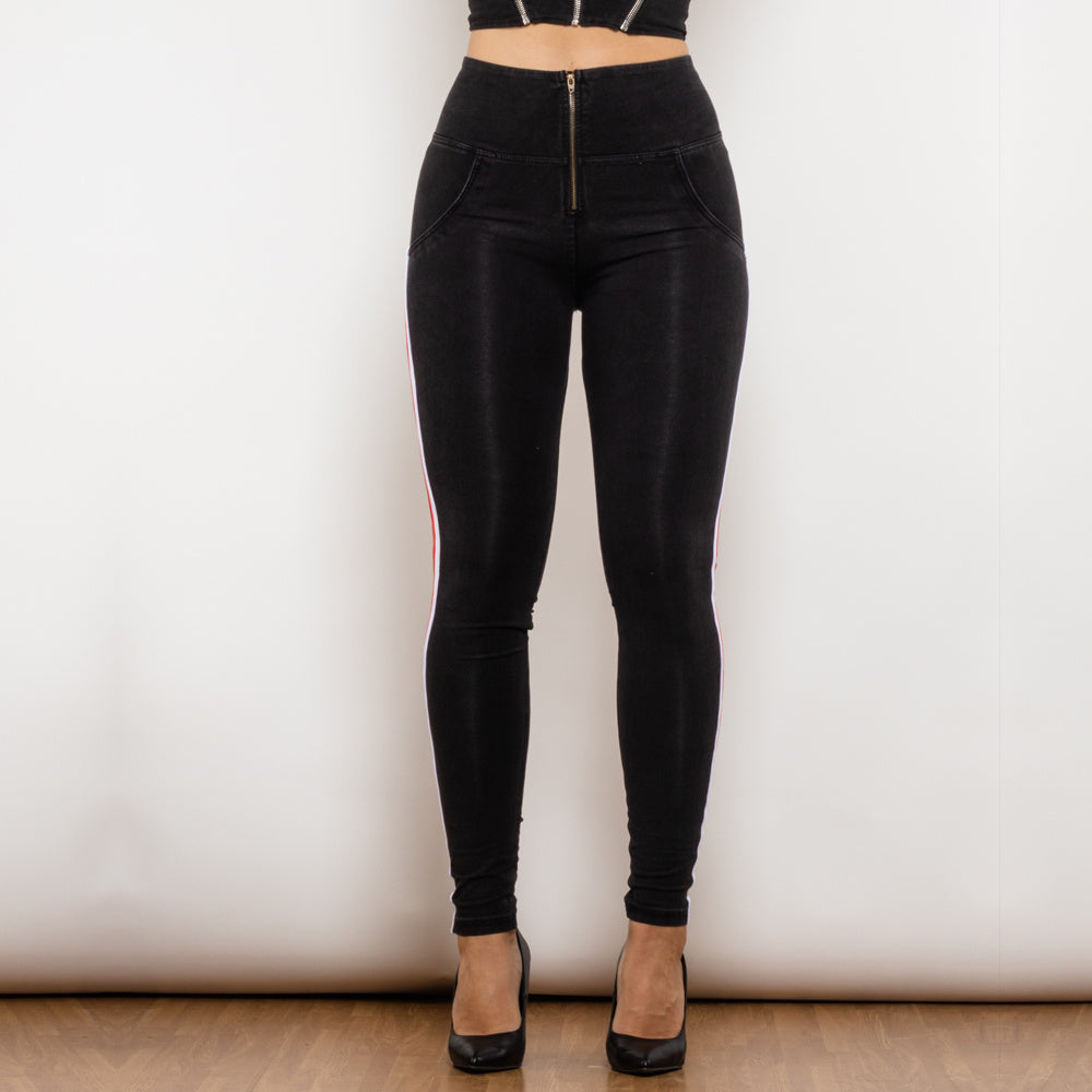 Jean crayon extensible noir Melody pour femme de Shascullfites, effet rehausseur de fesses, détails rayés, coupe slim, jegging en denim