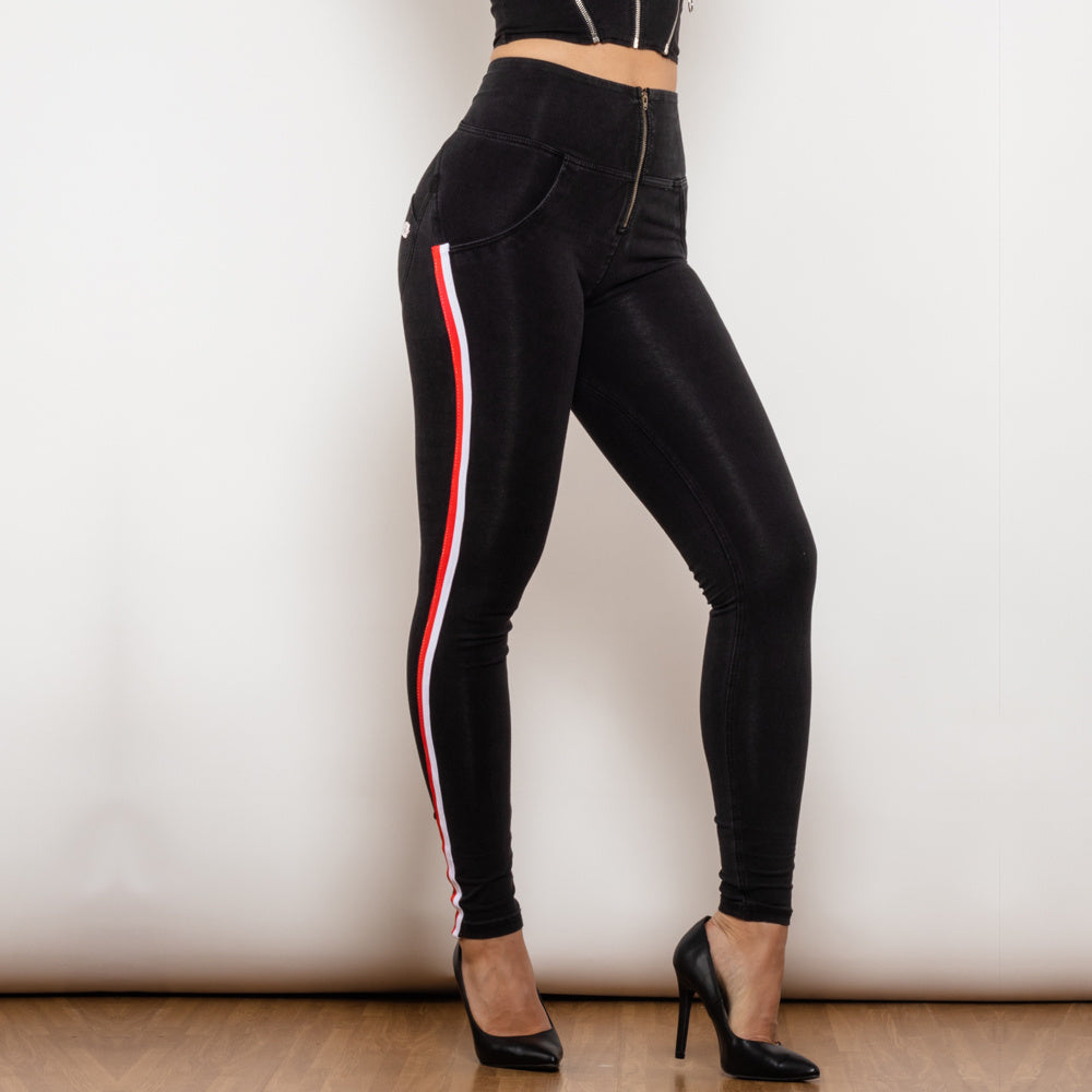Jean crayon extensible noir Melody pour femme de Shascullfites, effet rehausseur de fesses, détails rayés, coupe slim, jegging en denim