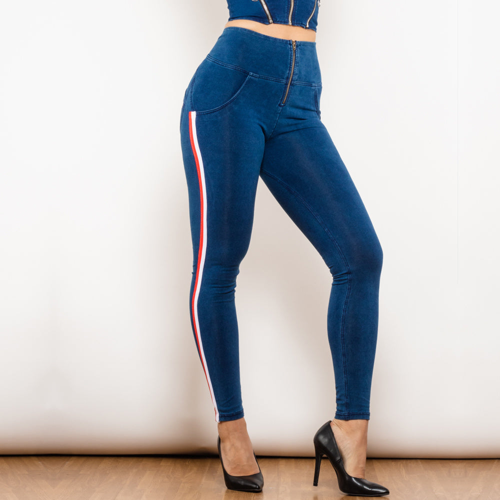 Jean crayon extensible noir Melody pour femme de Shascullfites, effet rehausseur de fesses, détails rayés, coupe slim, jegging en denim