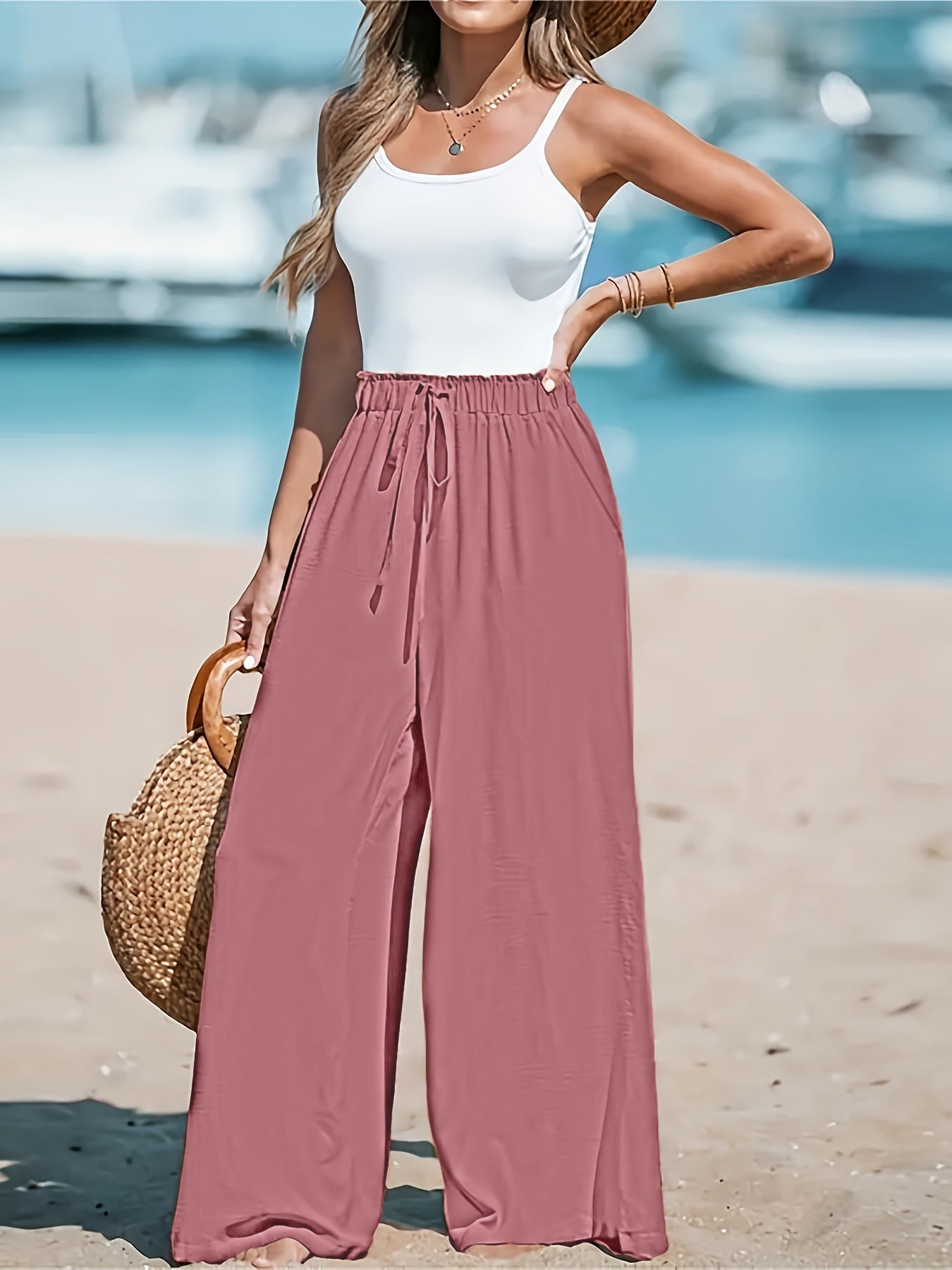 Pantalon ample décontracté à jambes larges avec faux cordon de serrage pour femme