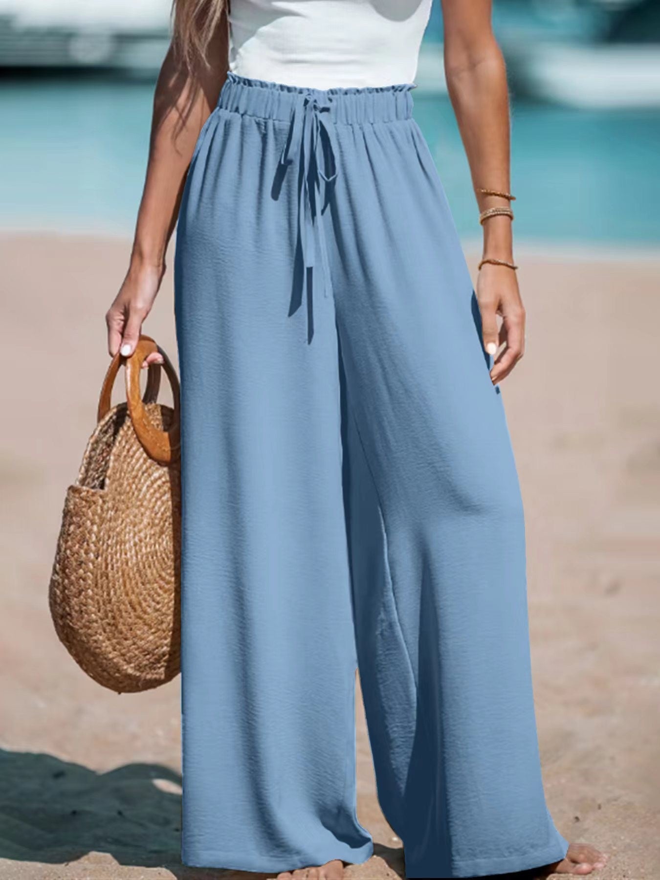 Pantalon ample décontracté à jambes larges avec faux cordon de serrage pour femme