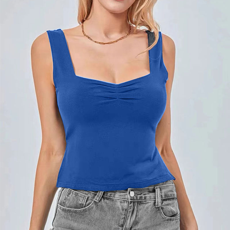 Gilet double épaisseur fendu à col carré et dos nu sous la taille, couleur unie