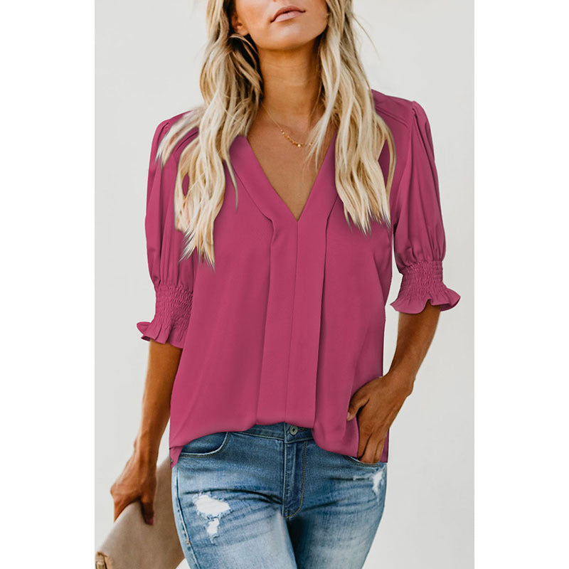 Chemise Shiying à manches mi-longues et col en V pour femme