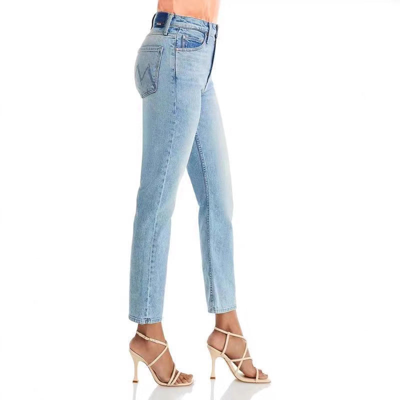 Jean slim bleu clair taille haute pour femme, coupe droite et courte
