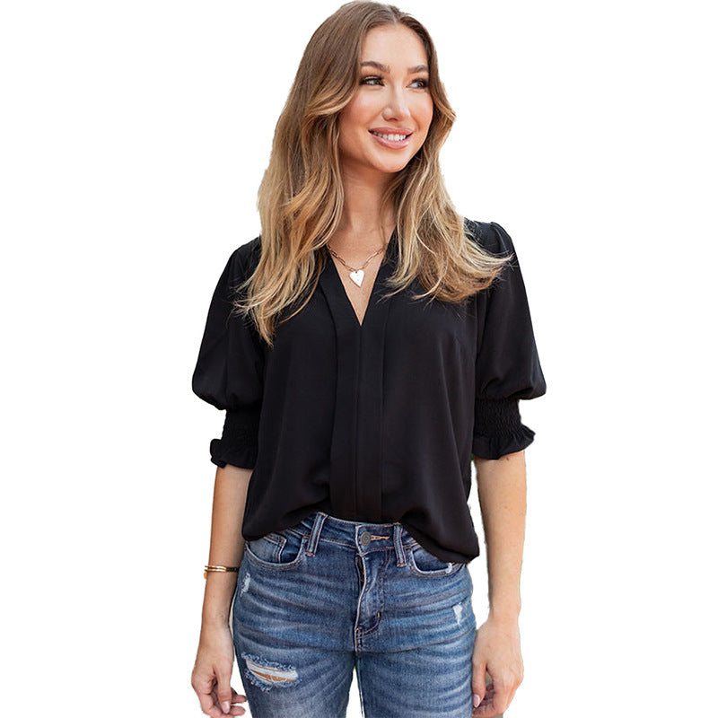 Chemise Shiying à manches mi-longues et col en V pour femme