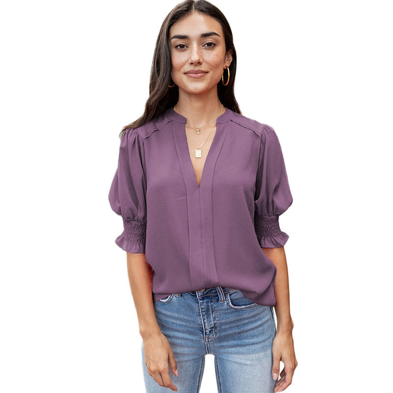 Chemise Shiying à manches mi-longues et col en V pour femme