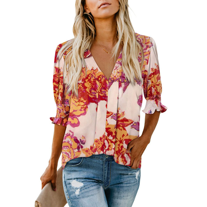 Chemise Shiying à manches mi-longues et col en V pour femme