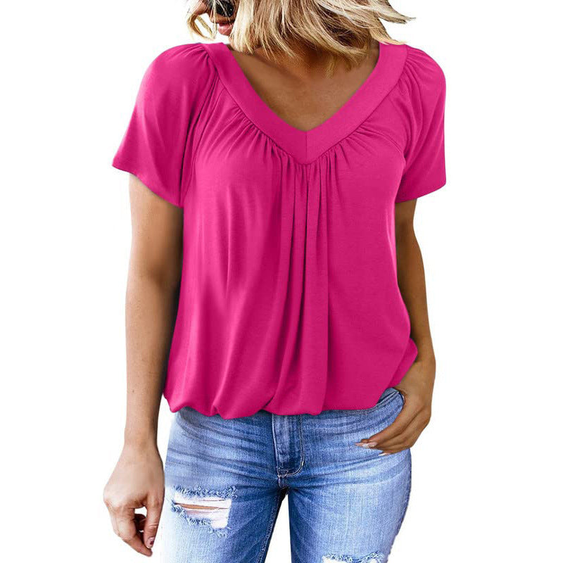 T-shirt à manches courtes et col en V pour femme, couleur unie