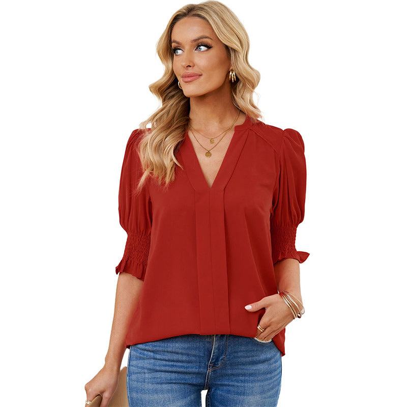 Chemise Shiying à manches mi-longues et col en V pour femme