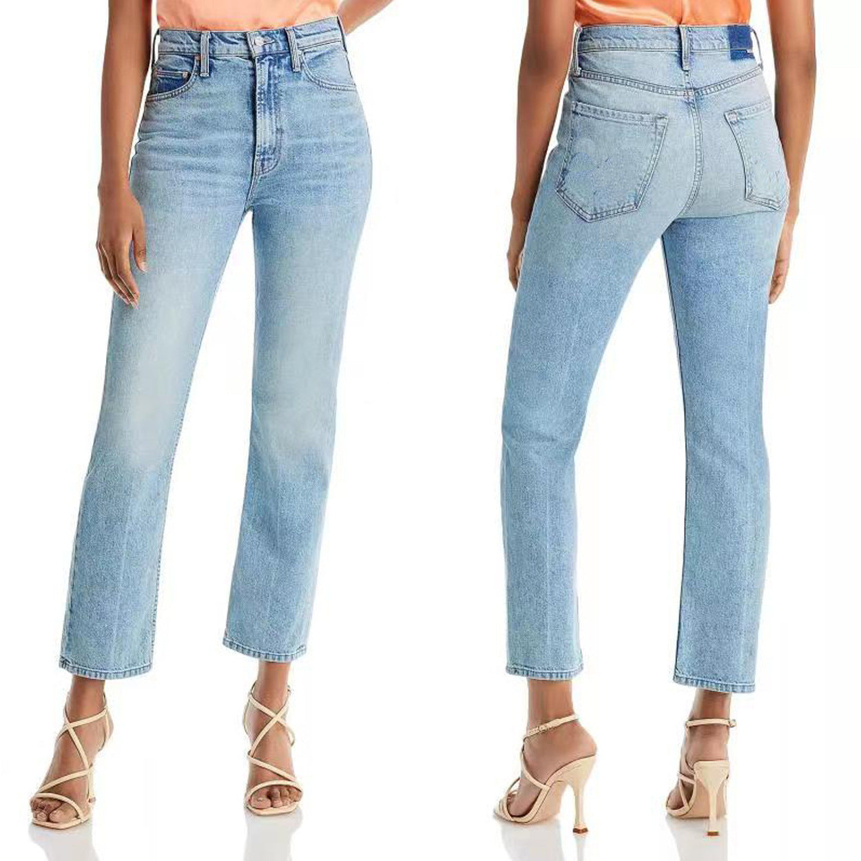 Jean slim bleu clair taille haute pour femme, coupe droite et courte