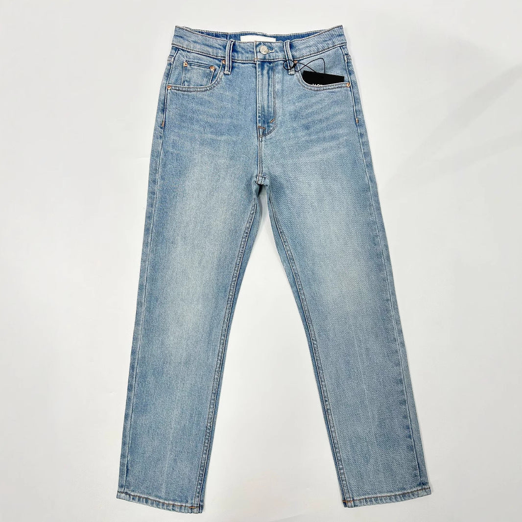 Jean slim bleu clair taille haute pour femme, coupe droite et courte