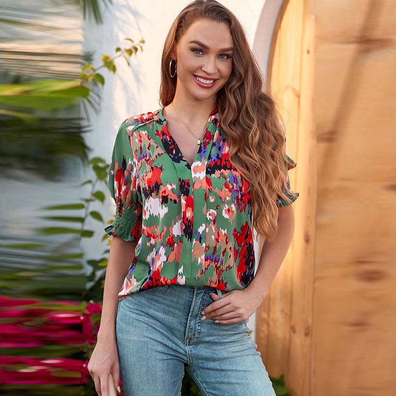 Chemise Shiying à manches mi-longues et col en V pour femme