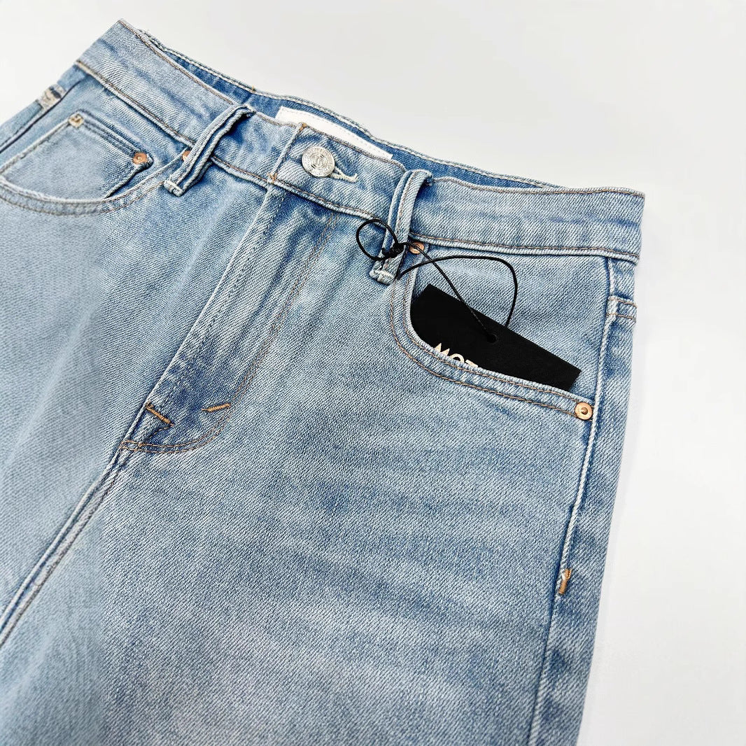 Jean slim bleu clair taille haute pour femme, coupe droite et courte