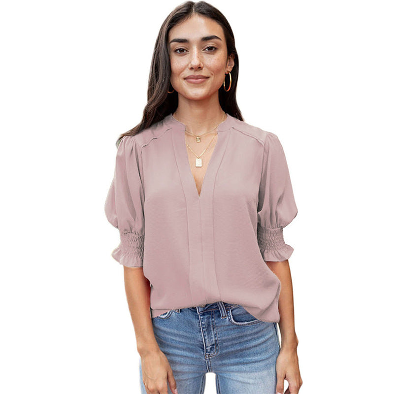 Chemise Shiying à manches mi-longues et col en V pour femme