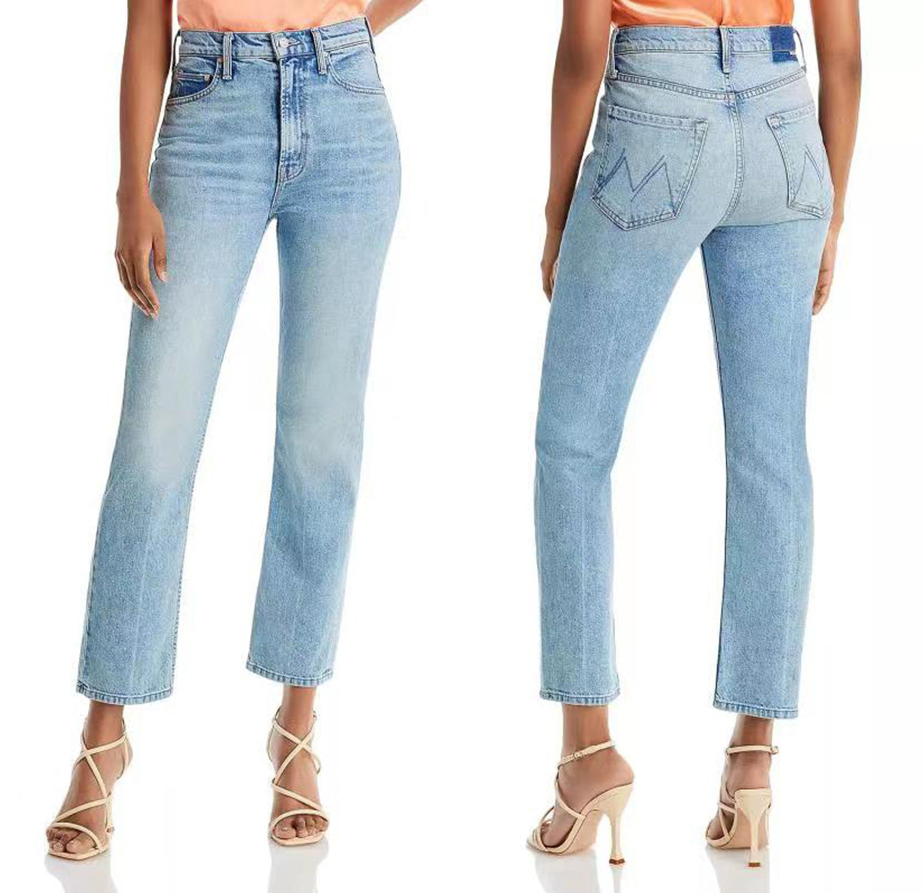 Jean slim bleu clair taille haute pour femme, coupe droite et courte