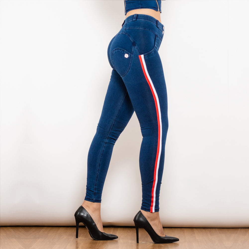 Jean crayon extensible noir Melody pour femme de Shascullfites, effet rehausseur de fesses, détails rayés, coupe slim, jegging en denim