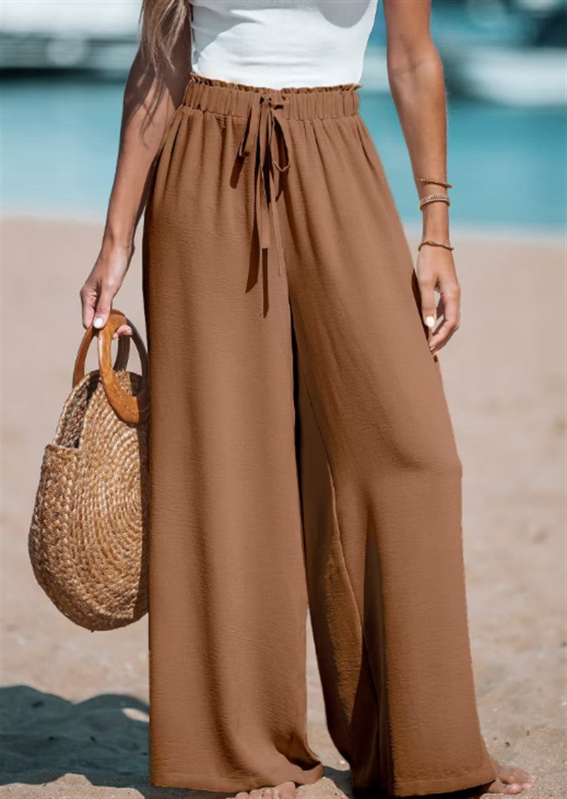 Pantalon ample décontracté à jambes larges avec faux cordon de serrage pour femme