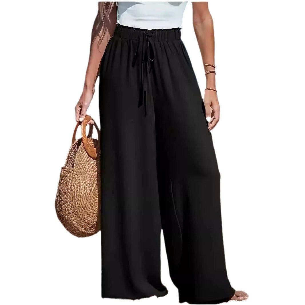 Pantalon ample décontracté à jambes larges avec faux cordon de serrage pour femme