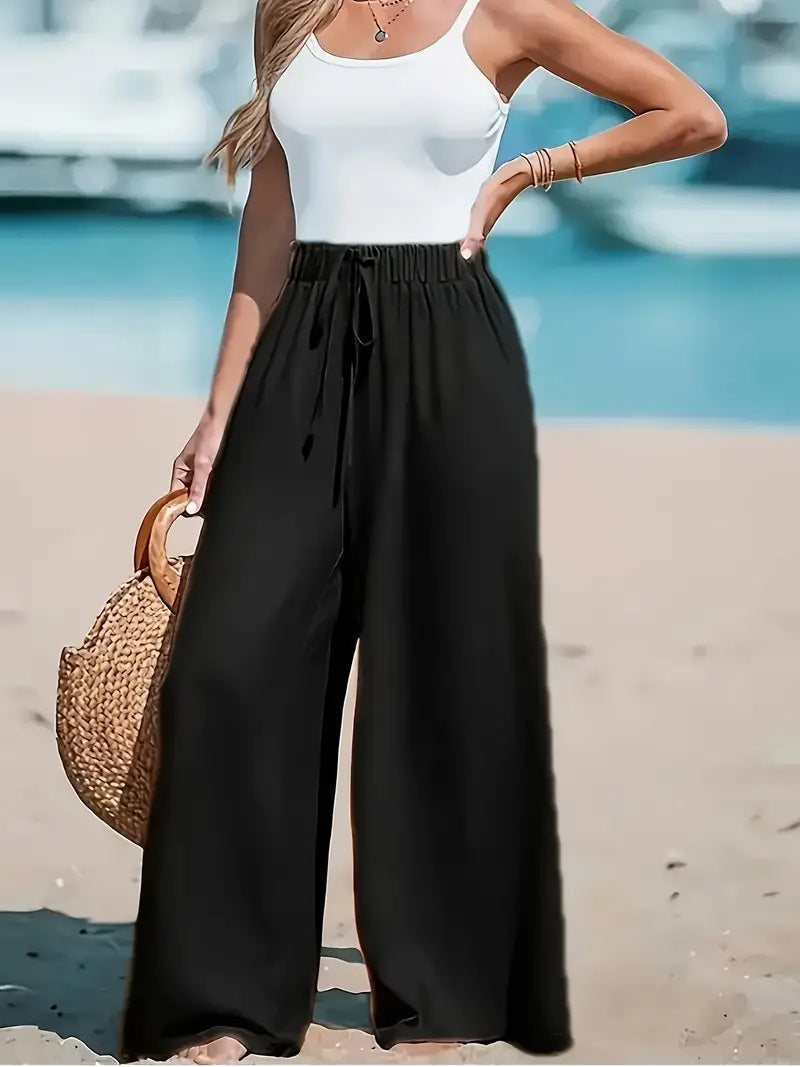 Pantalon ample décontracté à jambes larges avec faux cordon de serrage pour femme