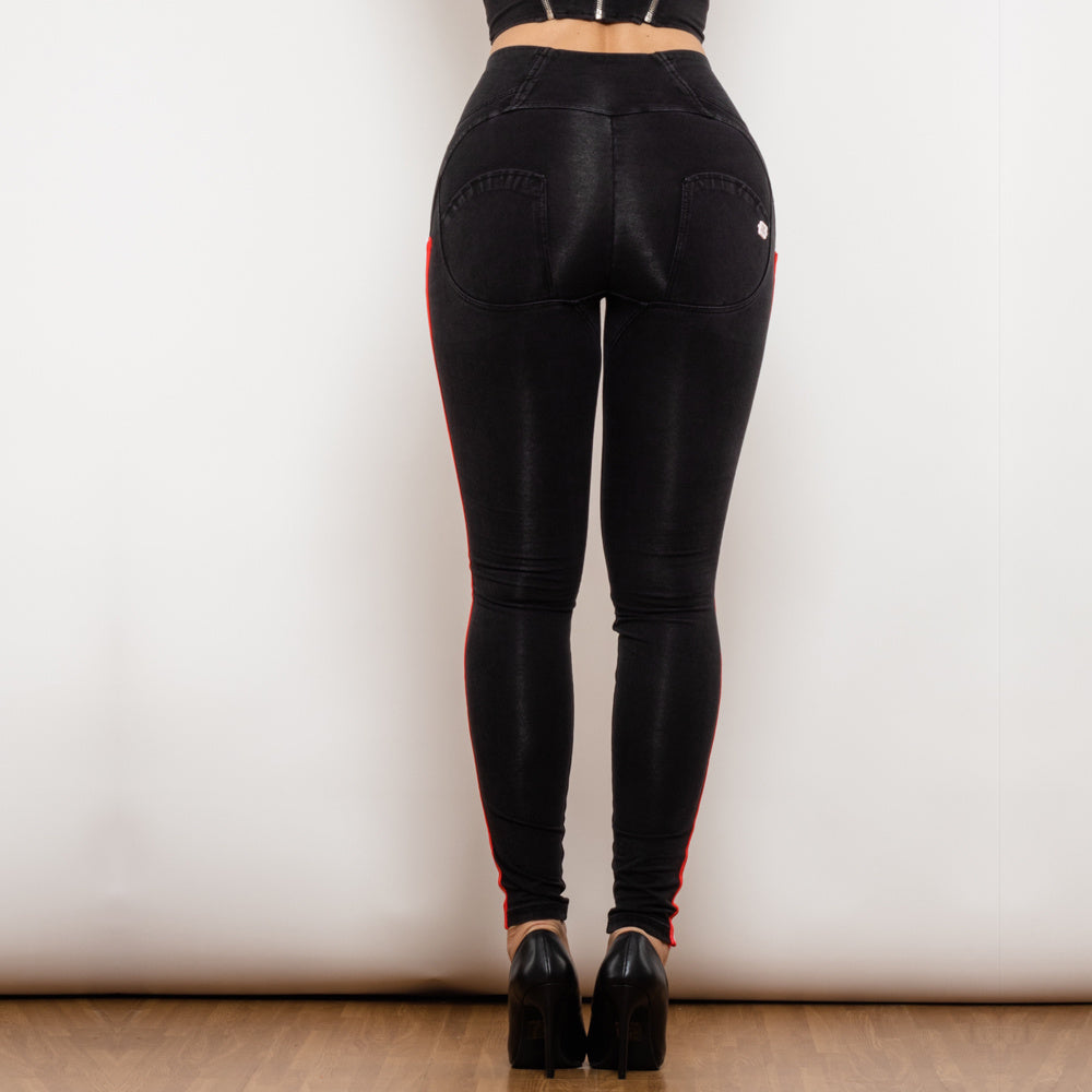 Jean crayon extensible noir Melody pour femme de Shascullfites, effet rehausseur de fesses, détails rayés, coupe slim, jegging en denim