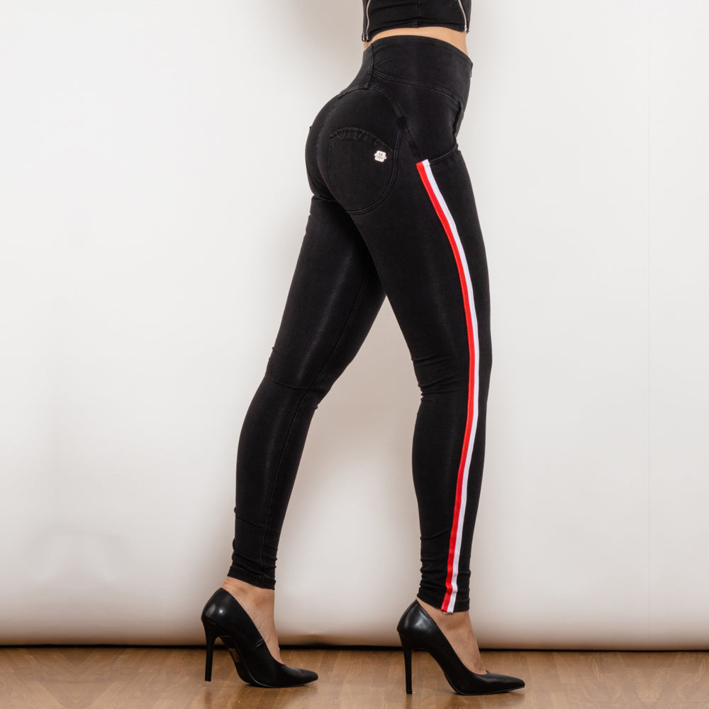 Jean crayon extensible noir Melody pour femme de Shascullfites, effet rehausseur de fesses, détails rayés, coupe slim, jegging en denim