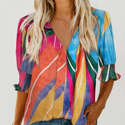 Chemise Shiying à manches mi-longues et col en V pour femme