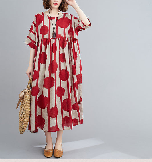 Robe mi-longue rouge vintage à pois grande taille en coton, décontractée, pour femmes, tailles 4XL, 5XL et 6XL