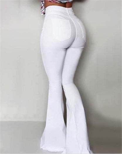 Pantalon taille haute boutonné à pattes d'éléphant pour femme, coupe slim unie, pantalon évasé blanc, élégant, vêtement de travail, été,