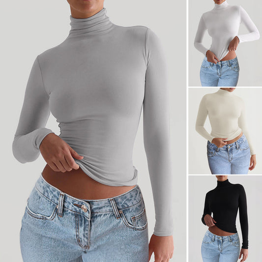 Chemise à manches longues en tricot unie ajustée pour femmes