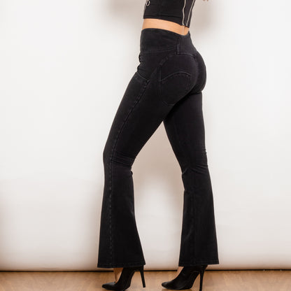 Shascullfites Melody Jean évasé boutonné  Jean push-up Pantalon en denim taille haute pour femme