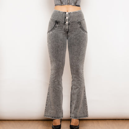 Shascullfites Melody Jean évasé boutonné  Jean push-up Pantalon en denim taille haute pour femme