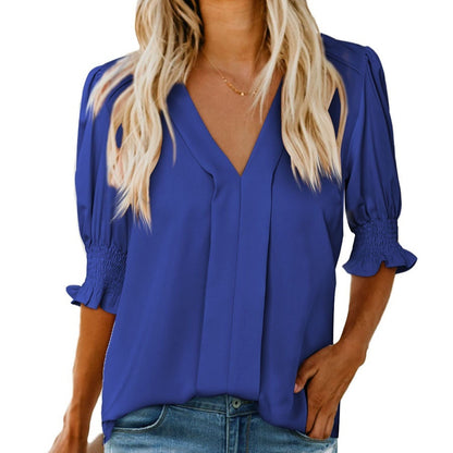 Chemise Shiying à manches mi-longues et col en V pour femme