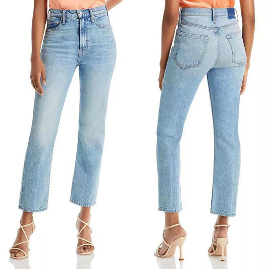 Jean slim bleu clair taille haute pour femme, coupe droite et courte