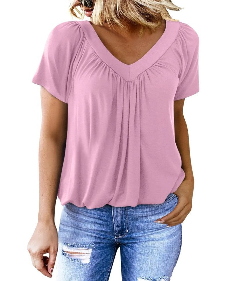 T-shirt à manches courtes et col en V pour femme, couleur unie
