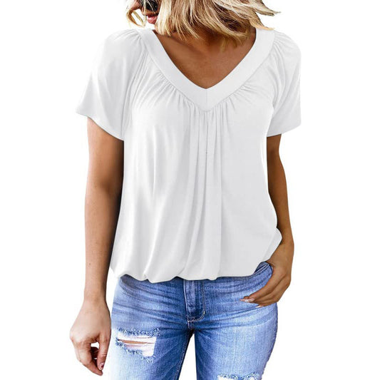T-shirt à manches courtes et col en V pour femme, couleur unie