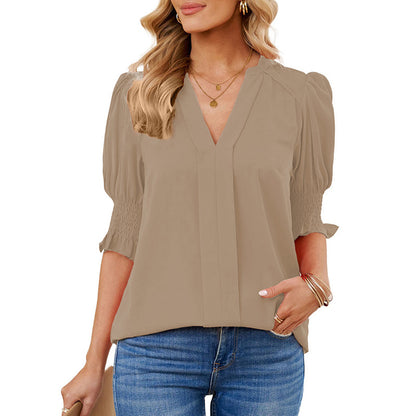 Chemise Shiying à manches mi-longues et col en V pour femme