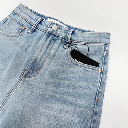 Jean slim bleu clair taille haute pour femme, coupe droite et courte