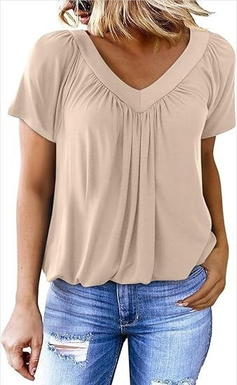 T-shirt à manches courtes et col en V pour femme, couleur unie