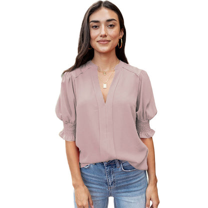 Chemise Shiying à manches mi-longues et col en V pour femme