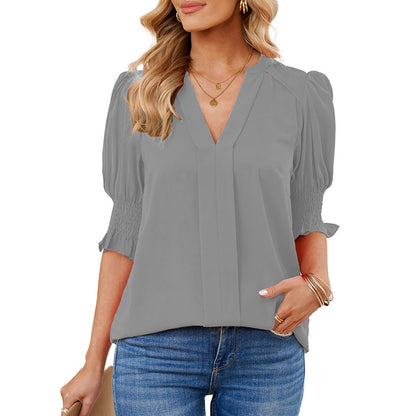 Chemise Shiying à manches mi-longues et col en V pour femme