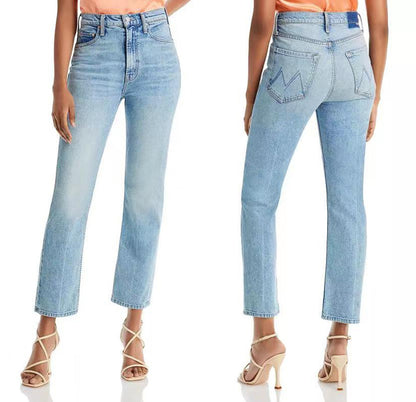 Jean slim bleu clair taille haute pour femme, coupe droite et courte