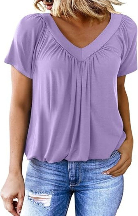 T-shirt à manches courtes et col en V pour femme, couleur unie